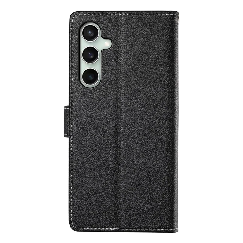 For Samsung Galaxy S26 FE Case Magnetic Snap Litchi Texture Leather Wallet Phone Cover with Wrist Strap - Black
