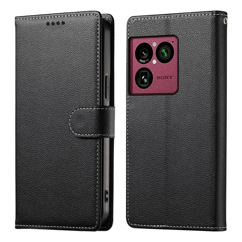 غطاء لهاتف Sony Xperia 1 VIII بحافة مغناطيسية وتصميم جلد بنسيج قشرة التوت وحافظة محفظة مع حزام معصم - أسود