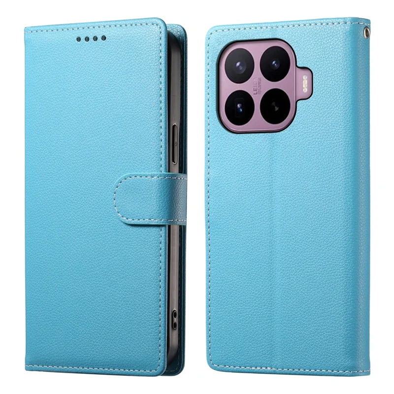 For Xiaomi 17T Pro Case Magnetic Snap Litchi Texture Leather Wallet Phone Cover with Wrist Strap - Sky Blue