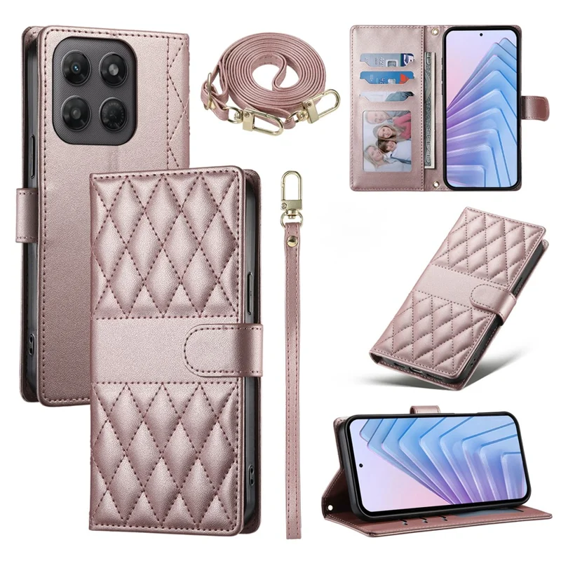 For Motorola Edge 70 Pro 5G Wallet Case Rhombus Stitching Stand Leather Phone Cover with Long   /   Short Strap - Rose Gold