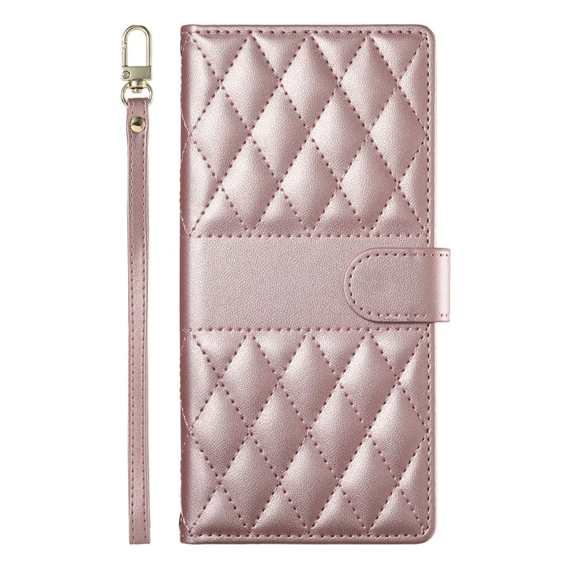 For Motorola Edge 70 Pro 5G Wallet Case Rhombus Stitching Stand Leather Phone Cover with Long   /   Short Strap - Rose Gold