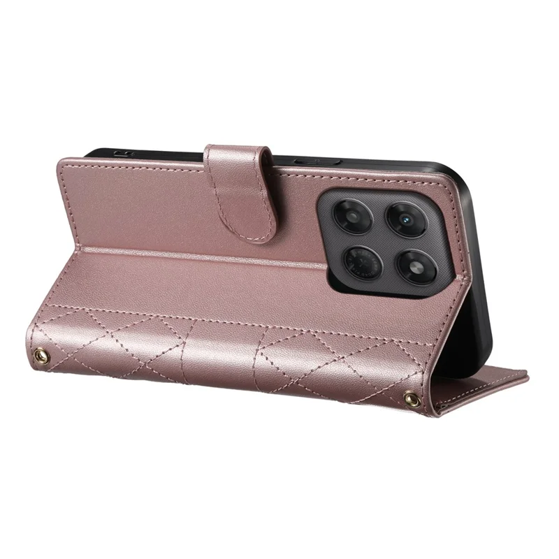 For Motorola Edge 70 Pro 5G Wallet Case Rhombus Stitching Stand Leather Phone Cover with Long   /   Short Strap - Rose Gold