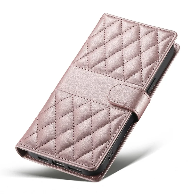 For Motorola Edge 70 Pro 5G Wallet Case Rhombus Stitching Stand Leather Phone Cover with Long   /   Short Strap - Rose Gold