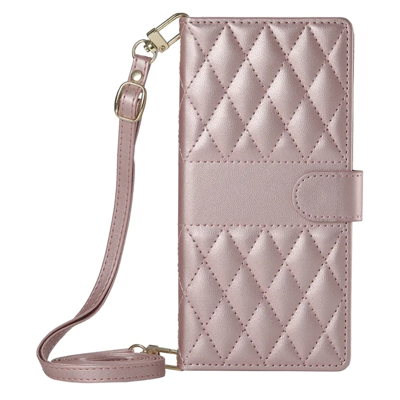 For Motorola Edge 70 Pro 5G Wallet Case Rhombus Stitching Stand Leather Phone Cover with Long   /   Short Strap - Rose Gold