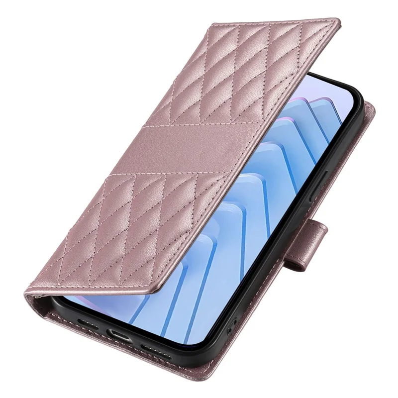 For Motorola Edge 70 Pro 5G Wallet Case Rhombus Stitching Stand Leather Phone Cover with Long   /   Short Strap - Rose Gold