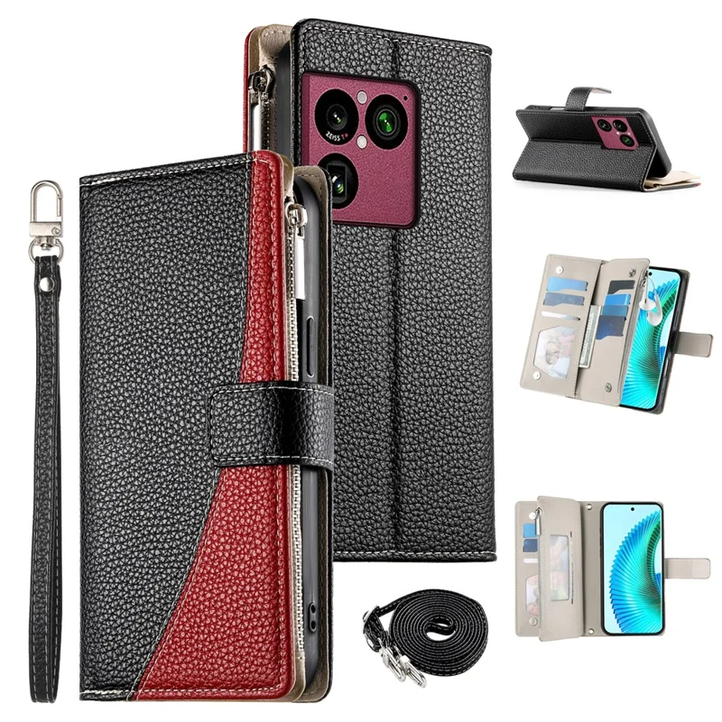 Pour Sony Xperia 1 VIII Étui Cuir Portefeuille Fermeture Éclair Pochette à Découpe Colorée avec Sangles - Noir