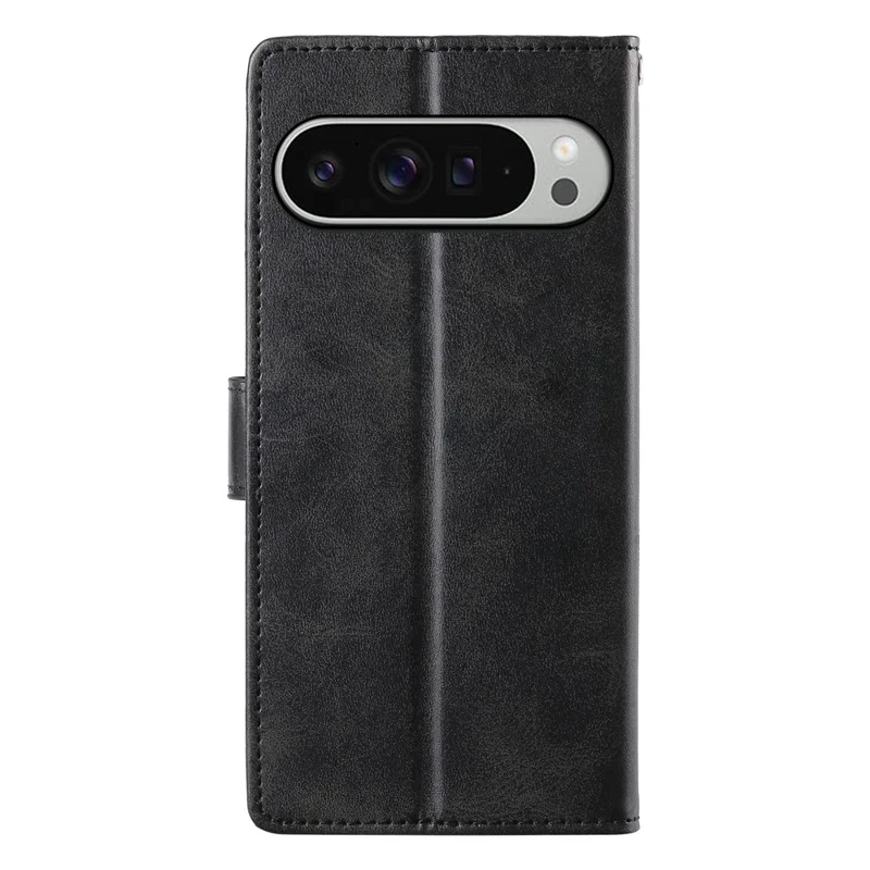 For Google Pixel 11 Pro XL Case Stand Wallet Calf Texture PU Leather Flip Phone Cover with Wrist Strap - Black