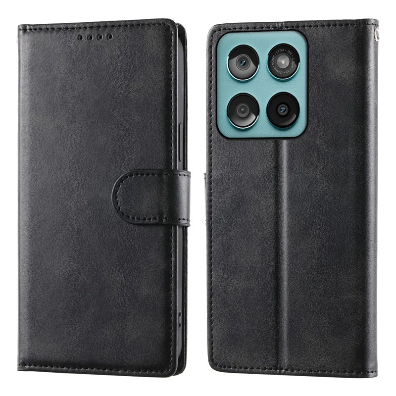 For Motorola Edge 70 Pro 5G Case Stand Wallet Calf Texture PU Leather Flip Phone Cover with Wrist Strap - Black