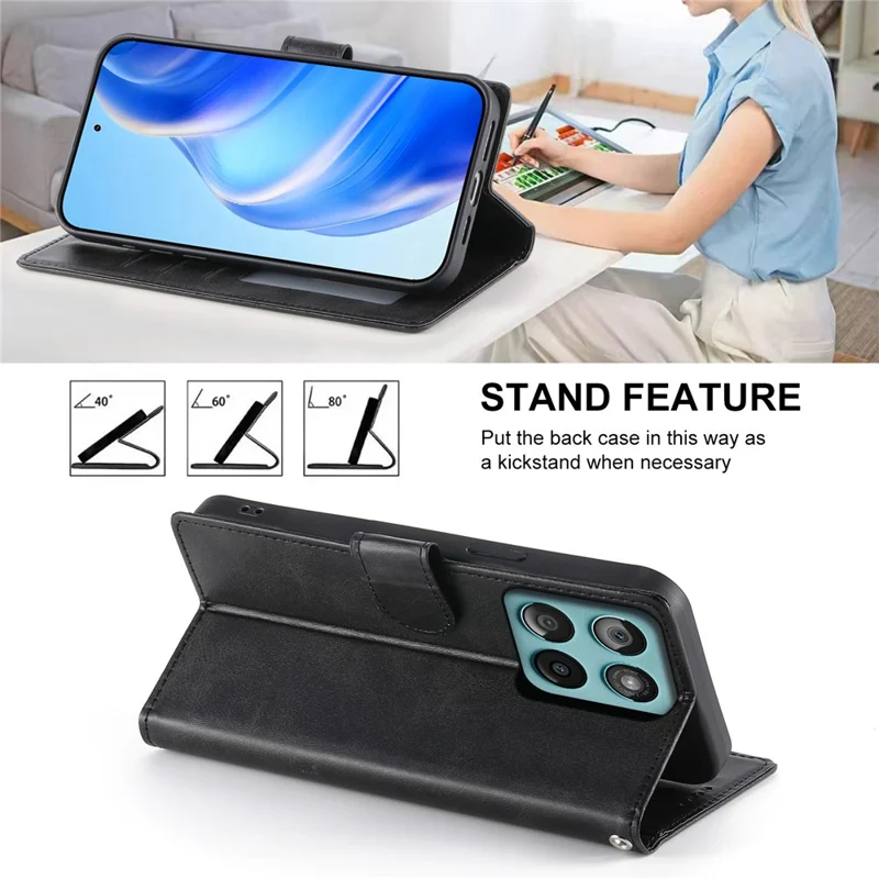 For Motorola Edge 70 Pro 5G Case Stand Wallet Calf Texture PU Leather Flip Phone Cover with Wrist Strap - Black