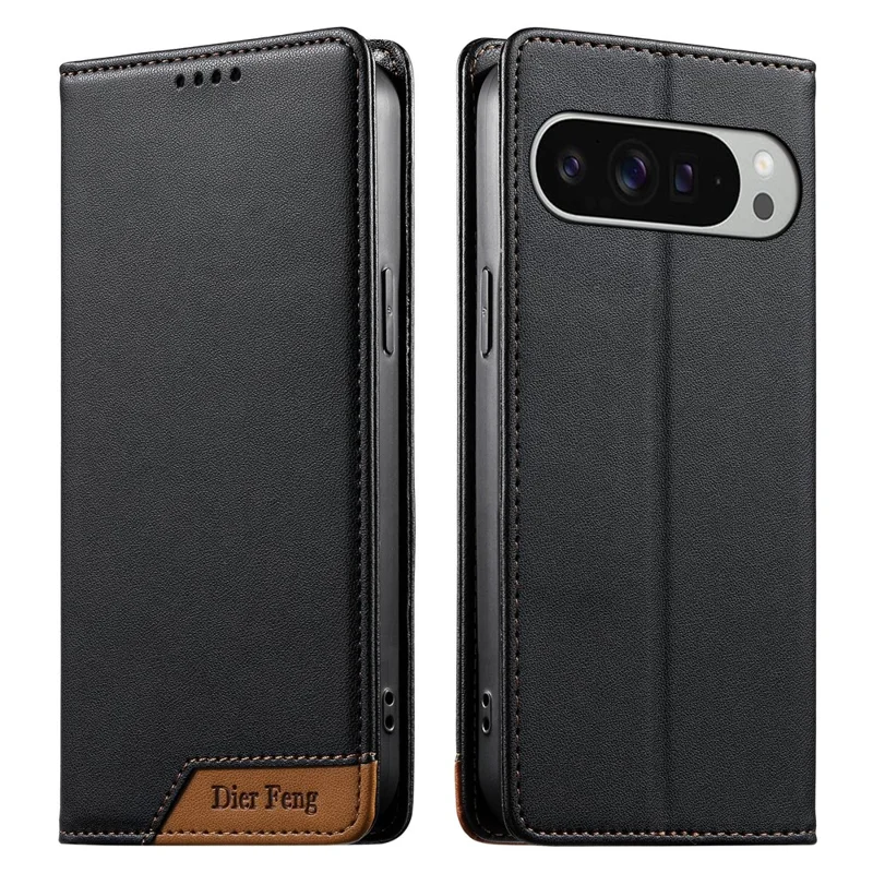 DIERFENG DF-018 per Google Pixel 11 Pro XL Custodia Portafoglio in Pelle con Tecnologia RFID Blocking, Copertura in Pelle con Angolo Logo Bicolore - Nero