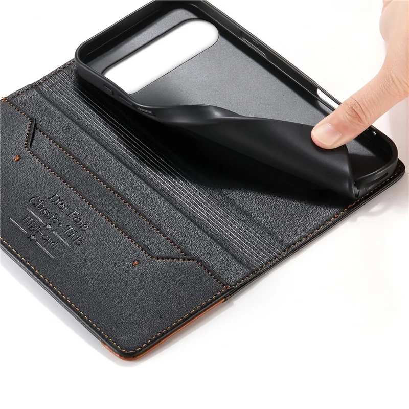 DIERFENG DF-018 per Google Pixel 11 Pro XL Custodia Portafoglio in Pelle con Tecnologia RFID Blocking, Copertura in Pelle con Angolo Logo Bicolore - Nero