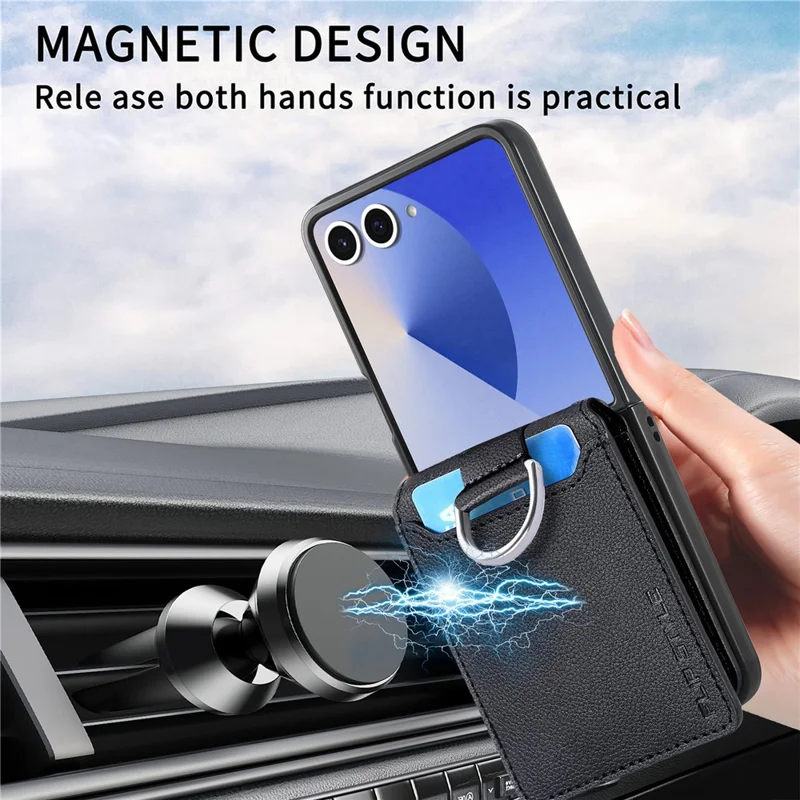 Capa para Samsung Galaxy Z Flip8 com Suporte para Cartões e Kickstand em PU + PC com Anel para Dedo - Preto