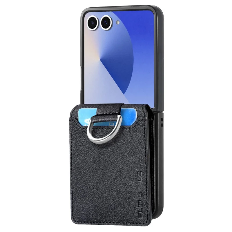 Capa para Samsung Galaxy Z Flip8 com Suporte para Cartões e Kickstand em PU + PC com Anel para Dedo - Preto