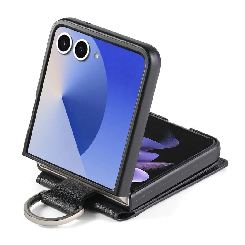 Capa para Samsung Galaxy Z Flip8 com Suporte para Cartões e Kickstand em PU + PC com Anel para Dedo - Preto