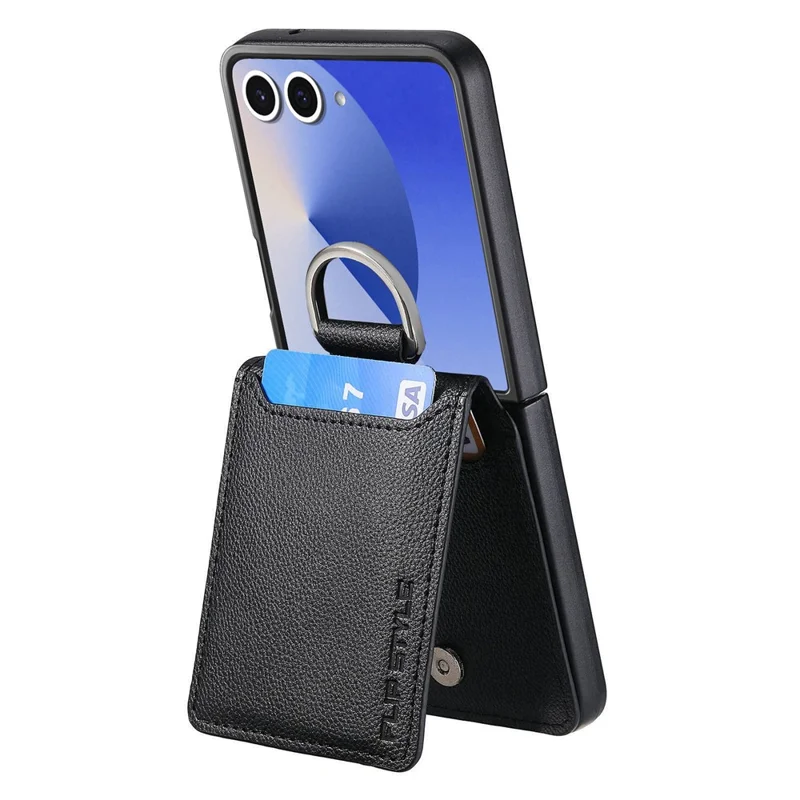 Capa para Samsung Galaxy Z Flip8 com Suporte para Cartões e Kickstand em PU + PC com Anel para Dedo - Preto