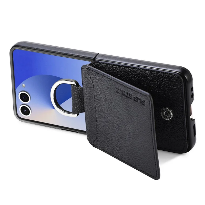 Capa para Samsung Galaxy Z Flip8 com Suporte para Cartões e Kickstand em PU + PC com Anel para Dedo - Preto