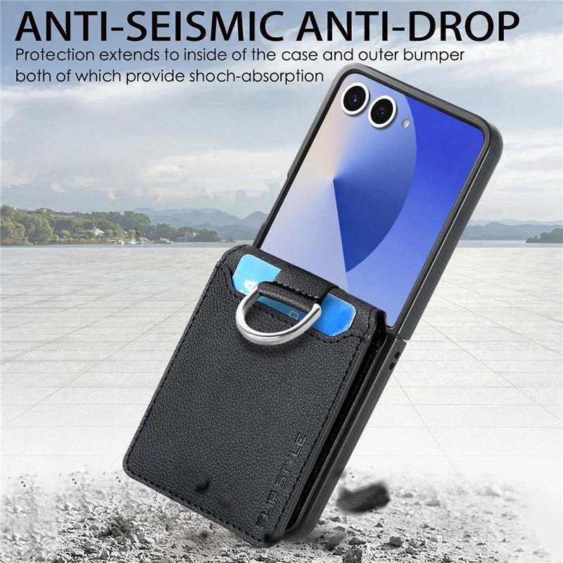 Capa para Samsung Galaxy Z Flip8 com Suporte para Cartões e Kickstand em PU + PC com Anel para Dedo - Preto