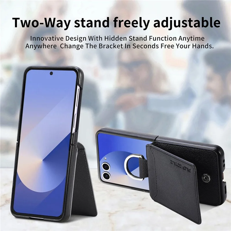 Capa para Samsung Galaxy Z Flip8 com Suporte para Cartões e Kickstand em PU + PC com Anel para Dedo - Preto