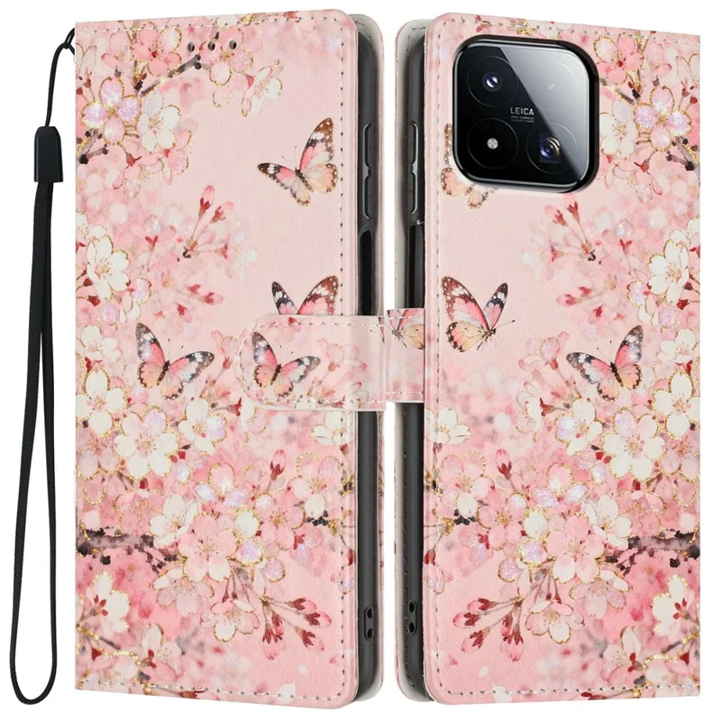 For Xiaomi 17 Max Wallet Case Pattern Printing PU Leather Stand Flip Phone Cover with Wrist Strap - Pink Sakura Butterfly