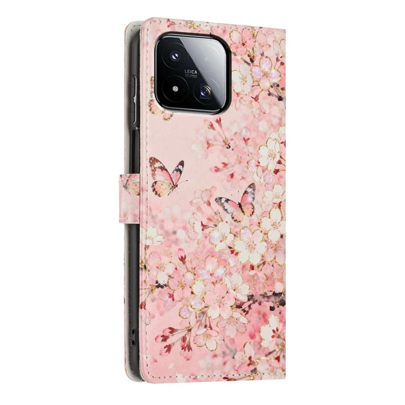 For Xiaomi 17 Max Wallet Case Pattern Printing PU Leather Stand Flip Phone Cover with Wrist Strap - Pink Sakura Butterfly