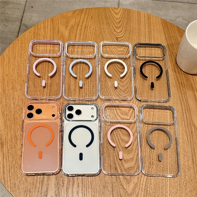 For iPhone 16 Pro Magnetic Case Clear PC TPU TPE Shockproof Cover Compatible with MagSafe - Orange