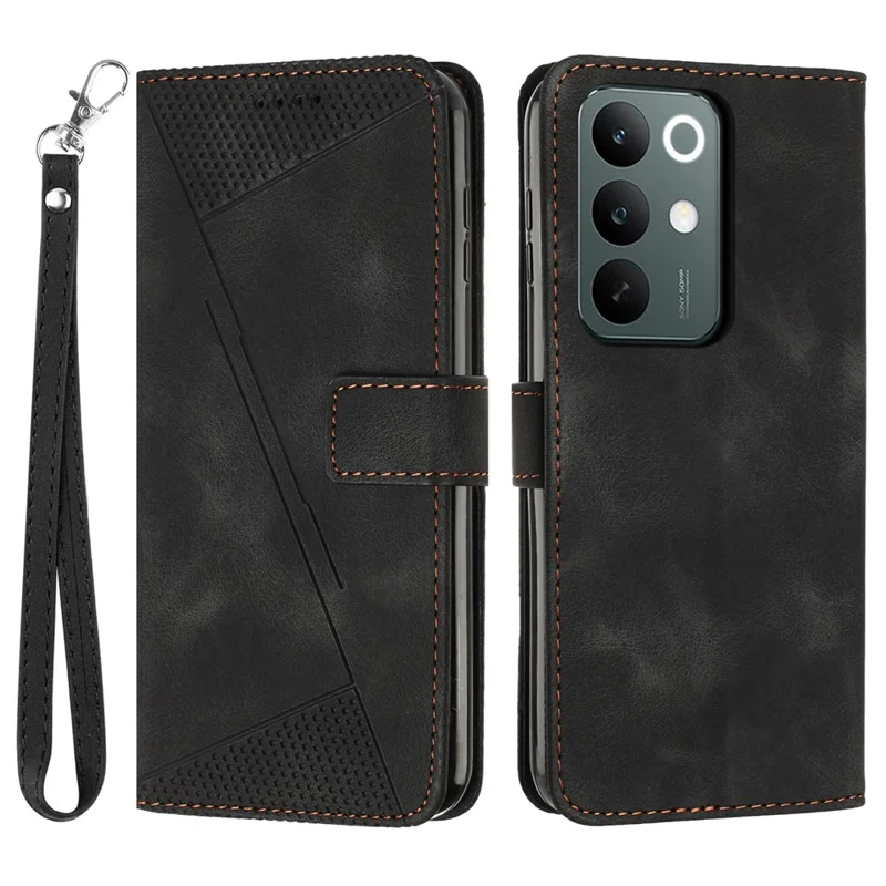 Capa de Couro para Realme C100 4G / C100x 4G / C100i 4G com Estampa de Triângulos, Capa para Telemóvel com Alça de Mão - Preto