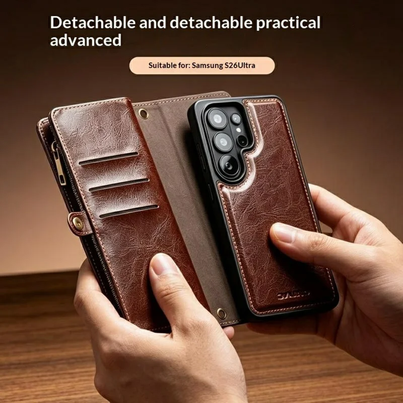 QIALINO for Samsung Galaxy S26 Ultra Case Split Leather Detachable 2 in 1 Wallet Phone Cover with Long Strap and Wrist Strap - Brown - 10