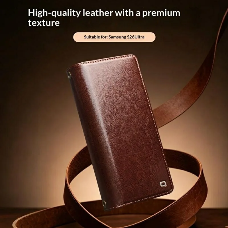 QIALINO for Samsung Galaxy S26 Ultra Case Split Leather Detachable 2 in 1 Wallet Phone Cover with Long Strap and Wrist Strap - Brown - 11