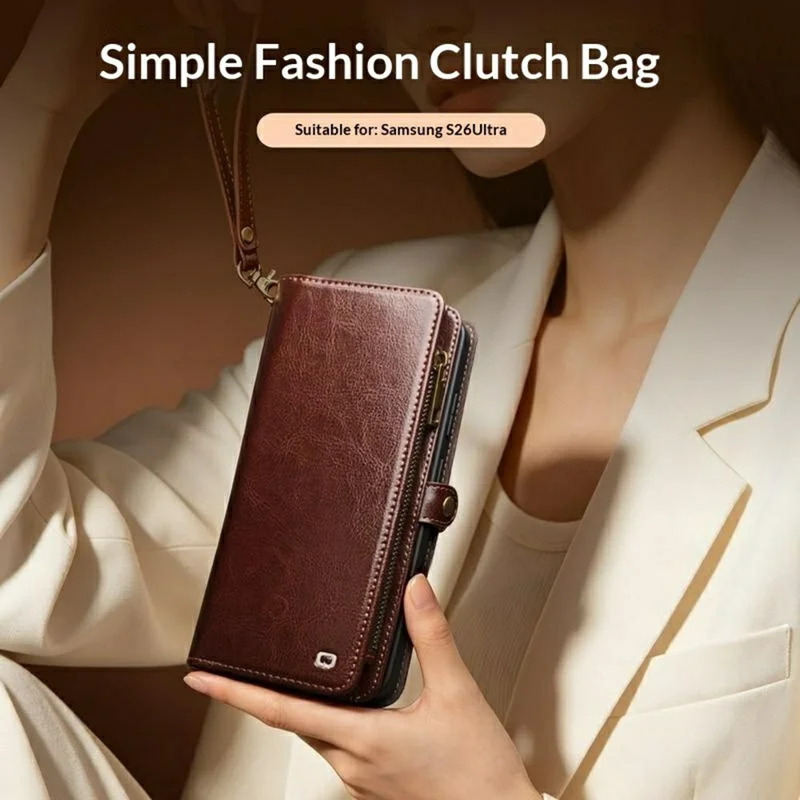 QIALINO for Samsung Galaxy S26 Ultra Case Split Leather Detachable 2 in 1 Wallet Phone Cover with Long Strap and Wrist Strap - Brown - 12