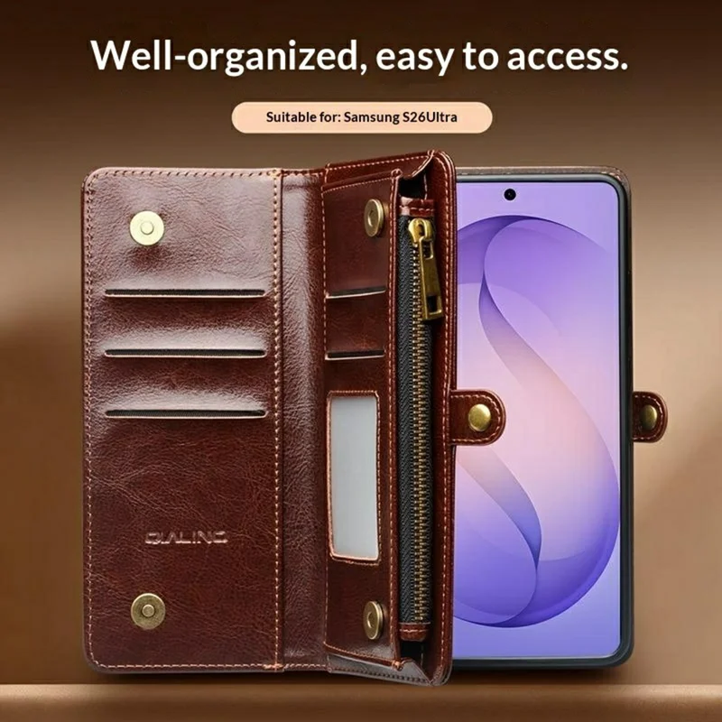QIALINO for Samsung Galaxy S26 Ultra Case Split Leather Detachable 2 in 1 Wallet Phone Cover with Long Strap and Wrist Strap - Brown - 7
