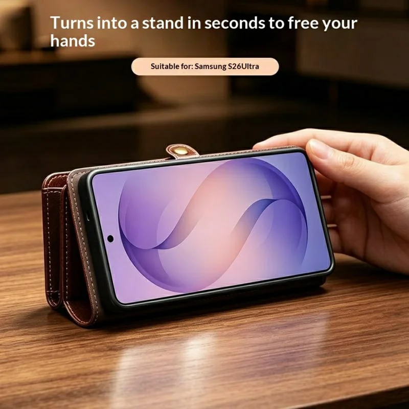 QIALINO for Samsung Galaxy S26 Ultra Case Split Leather Detachable 2 in 1 Wallet Phone Cover with Long Strap and Wrist Strap - Brown - 8