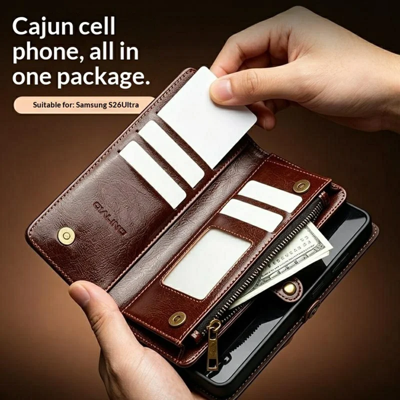 QIALINO for Samsung Galaxy S26 Ultra Case Split Leather Detachable 2 in 1 Wallet Phone Cover with Long Strap and Wrist Strap - Brown - 9