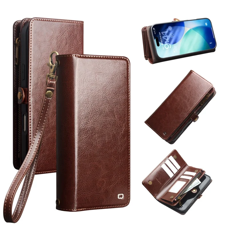 QIALINO for iPhone 17 Pro Max Case Split Leather Detachable 2 in 1 Wallet Phone Cover with Long Strap and Wrist Strap - Brown