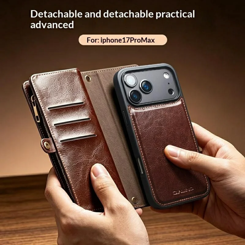QIALINO for iPhone 17 Pro Max Case Split Leather Detachable 2 in 1 Wallet Phone Cover with Long Strap and Wrist Strap - Brown