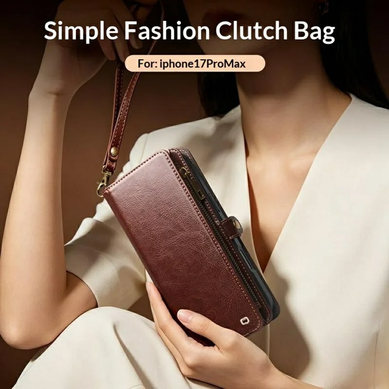 QIALINO for iPhone 17 Pro Max Case Split Leather Detachable 2 in 1 Wallet Phone Cover with Long Strap and Wrist Strap - Brown