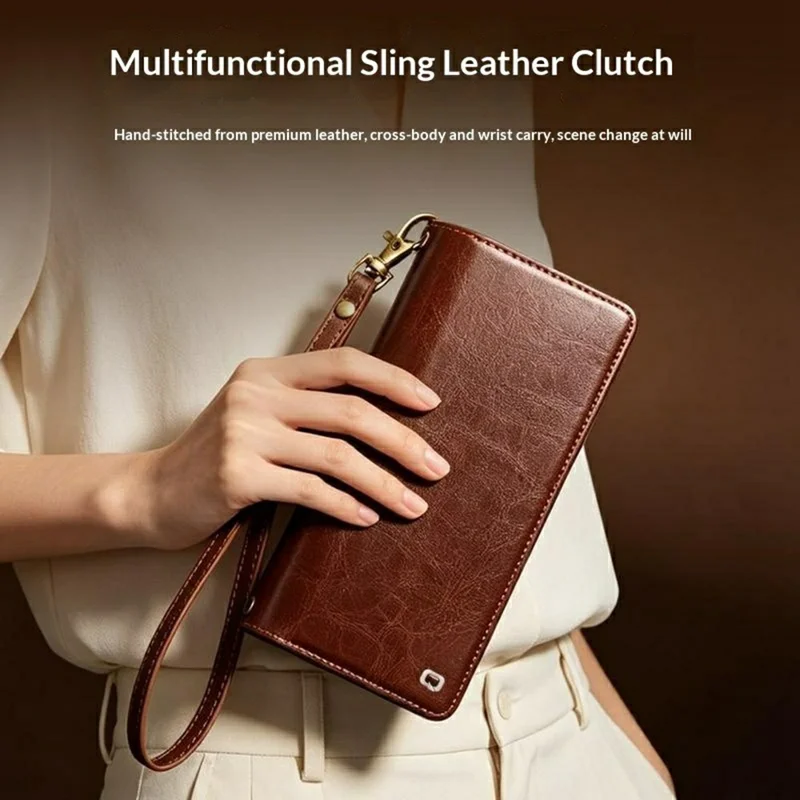 QIALINO for iPhone 17 Pro Max Case Split Leather Detachable 2 in 1 Wallet Phone Cover with Long Strap and Wrist Strap - Brown