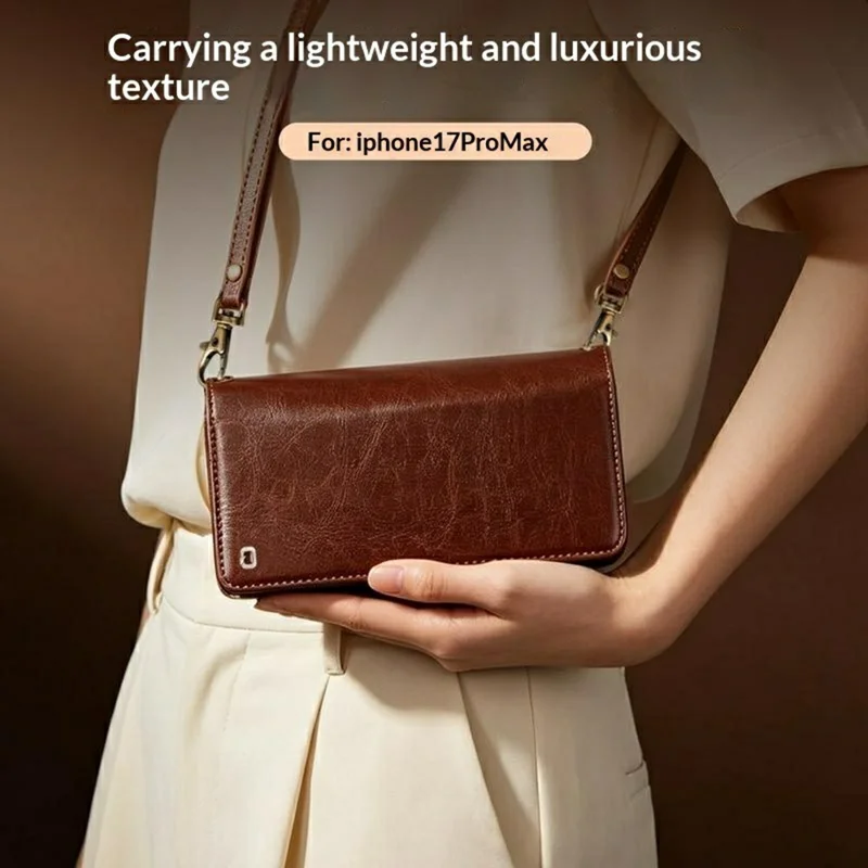 QIALINO for iPhone 17 Pro Max Case Split Leather Detachable 2 in 1 Wallet Phone Cover with Long Strap and Wrist Strap - Brown