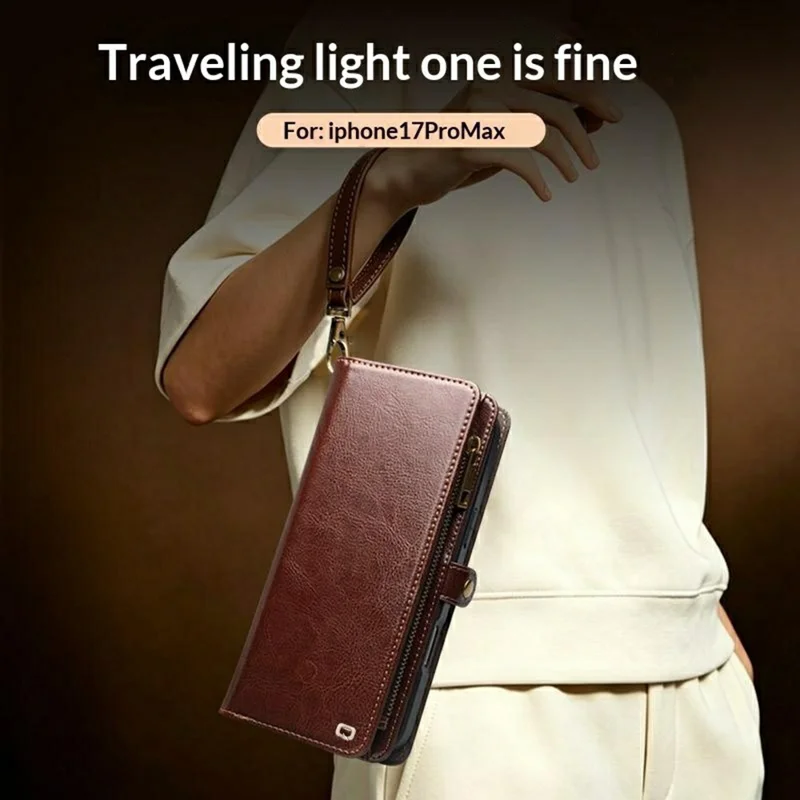 QIALINO for iPhone 17 Pro Max Case Split Leather Detachable 2 in 1 Wallet Phone Cover with Long Strap and Wrist Strap - Brown