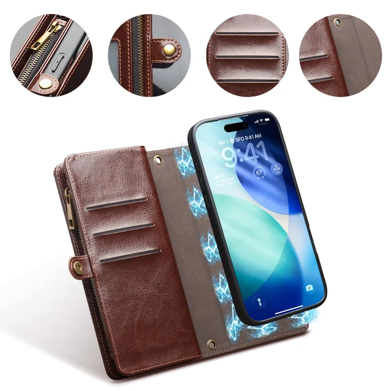 QIALINO for iPhone 17 Pro Max Case Split Leather Detachable 2 in 1 Wallet Phone Cover with Long Strap and Wrist Strap - Brown