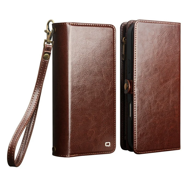 QIALINO for iPhone 17 Pro Max Case Split Leather Detachable 2 in 1 Wallet Phone Cover with Long Strap and Wrist Strap - Brown