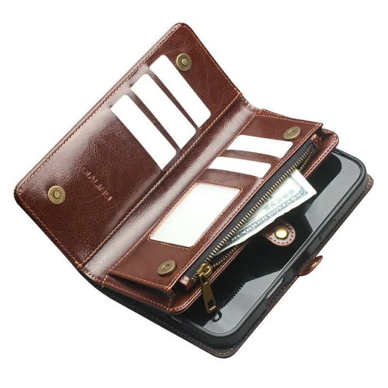 QIALINO for iPhone 17 Pro Max Case Split Leather Detachable 2 in 1 Wallet Phone Cover with Long Strap and Wrist Strap - Brown