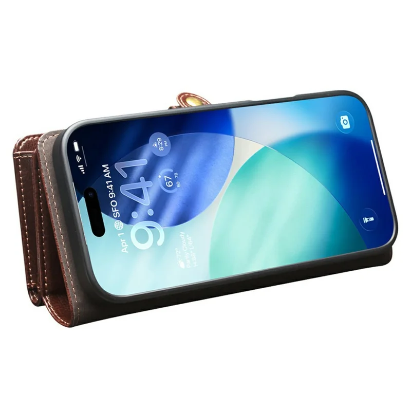 QIALINO for iPhone 17 Pro Max Case Split Leather Detachable 2 in 1 Wallet Phone Cover with Long Strap and Wrist Strap - Brown