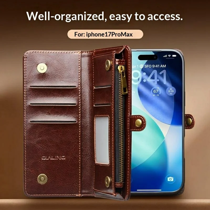 QIALINO for iPhone 17 Pro Max Case Split Leather Detachable 2 in 1 Wallet Phone Cover with Long Strap and Wrist Strap - Brown