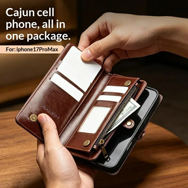 QIALINO for iPhone 17 Pro Max Case Split Leather Detachable 2 in 1 Wallet Phone Cover with Long Strap and Wrist Strap - Brown