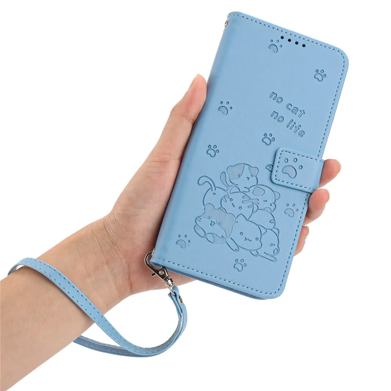 Capa Carteira para Realme C100 4G / C100x 4G / C100i 4G com Estampa de Gatos, Capa de Couro para Telemóvel com Alça - Azul