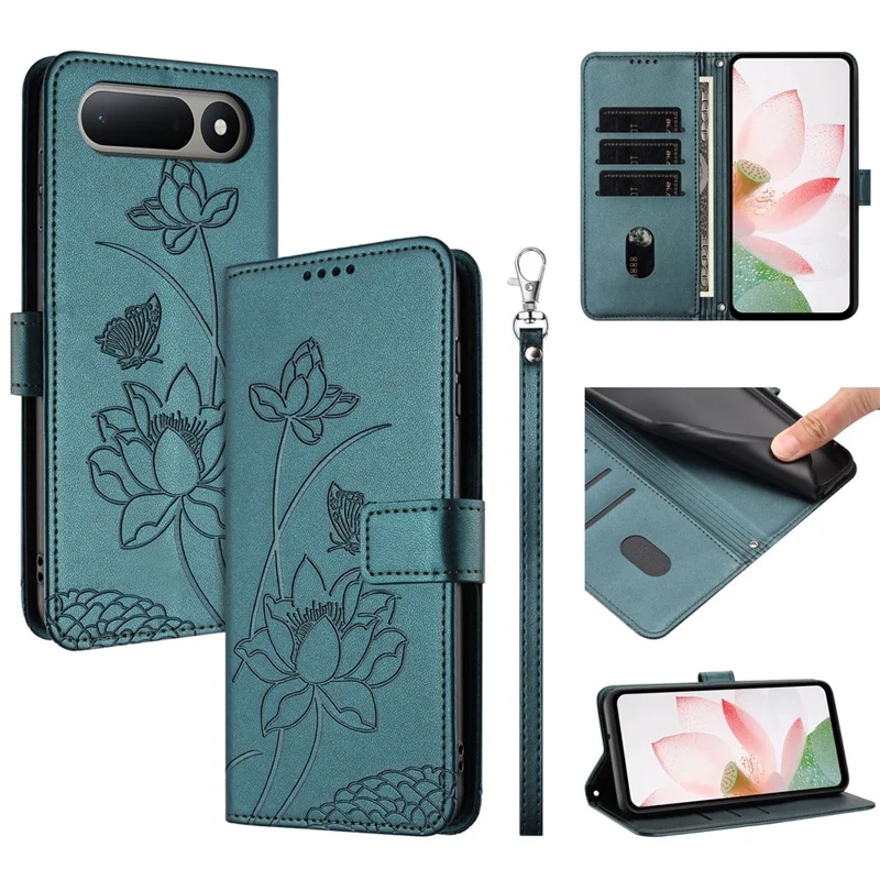 For TECNO Spark 50 5G Case Wallet Stand Lotus Imprint Leather Phone Cover with Wrist Strap - Dark Green