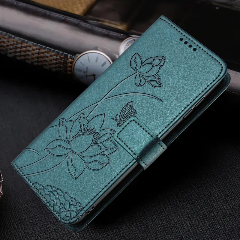For TECNO Spark 50 5G Case Wallet Stand Lotus Imprint Leather Phone Cover with Wrist Strap - Dark Green