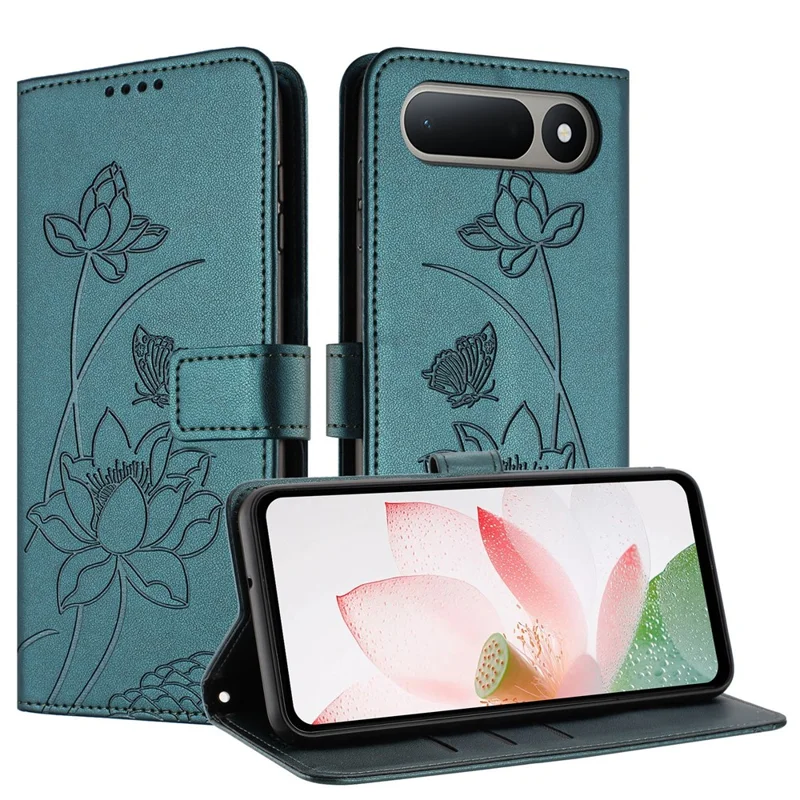 For TECNO Spark 50 5G Case Wallet Stand Lotus Imprint Leather Phone Cover with Wrist Strap - Dark Green