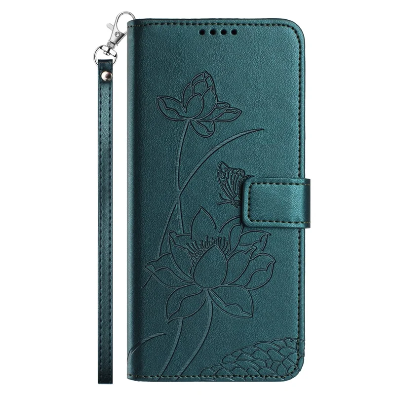 For TECNO Spark 50 5G Case Wallet Stand Lotus Imprint Leather Phone Cover with Wrist Strap - Dark Green