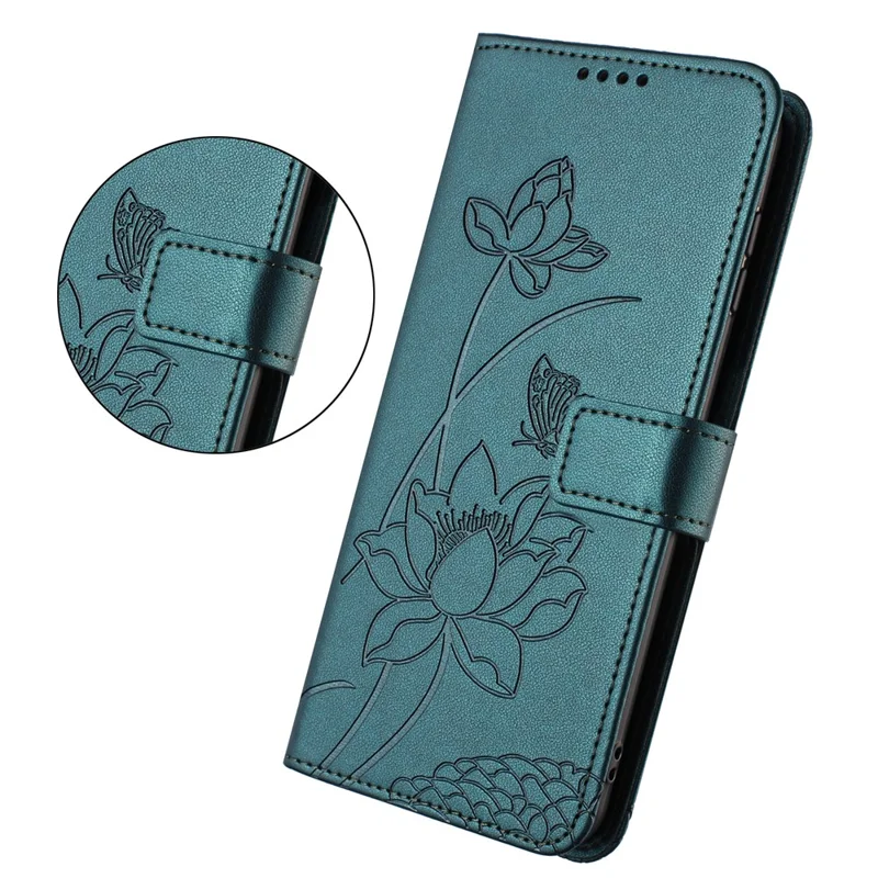 For TECNO Spark 50 5G Case Wallet Stand Lotus Imprint Leather Phone Cover with Wrist Strap - Dark Green